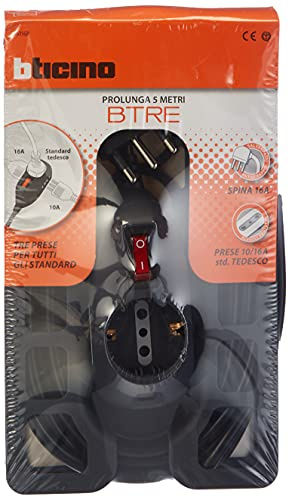 BTicino 3635GB Prolunga elettrica BTRE, cavo 3x1.5mmq di 5 metri, con Spina Grande 16A e ciabatta con 2 Prese Bivalenti 10/16A, 1 Presa Schuko e Interruttore Luminoso, 250 V, Bianca