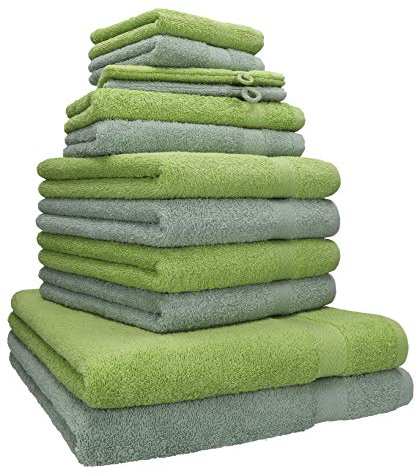 Betz Premium Handtuch-Set 12-teilig – 100% Baumwolle – Oeko-TEX® Zertifiziert – hohe Grammatur – Duschtücher, Handtücher, Gästetücher & Waschhandschuhe - Farbe heugrün/avocadogrün