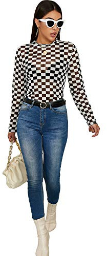 AZPSRT Womens Sheer Mesh See Through Top Black and White Squares Checkered Checked Long Sleeve Mesh Tee Shirt Blouse L ¡­