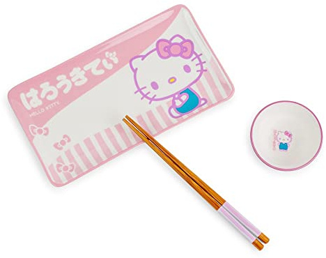 Sanrio Hello Kitty - Set di 3 piatti da sushi in ceramica rosa, con ciotola per salsa di soia e bacchette in legno, stoviglie in stile giapponese