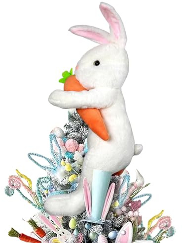 Hongsome Easter Bunny Tree Topper Decorations,Spring Plush Rabbit Hugged Carrot for Tree Basket Stuffers Holiday Home Party Supplies Decor White