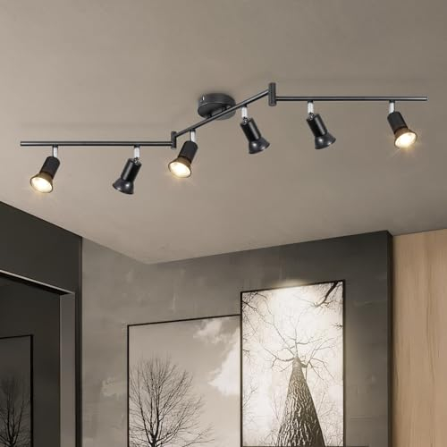 Dehobo LED Deckenstrahler Wohnzimmer - Deckenleuchte 6 Flammig Schwarz Deckenlampe Spot - GU10 Deckenspot Schwenkbar 350° - Drehbar Küchelampe Spot Strahler Decke Schlafzimmer Ohne Leuchtmittel
