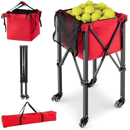 GYMAX Tennisballwagen faltbar, Ballwagen mit Aluminiumrahmen & Tragetasche, Tenniswagen bis 30 kg belastbar, Transportwagen für Tennisball, Baseball & Pickelball (Rot)