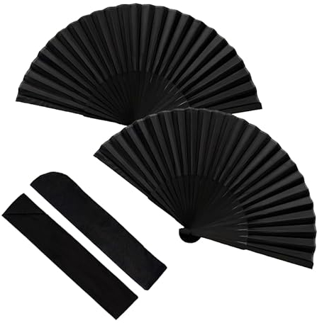 LAINIKE 2 Pièces Éventails Pliants,Éventails Pliants noir,Eventails à Main Portables,Eventail Japonais Chinois,avec 2 Sacs de Rangement,Ventilateur de Style Chinois Pliant,pour Danse, Fête, Mariage