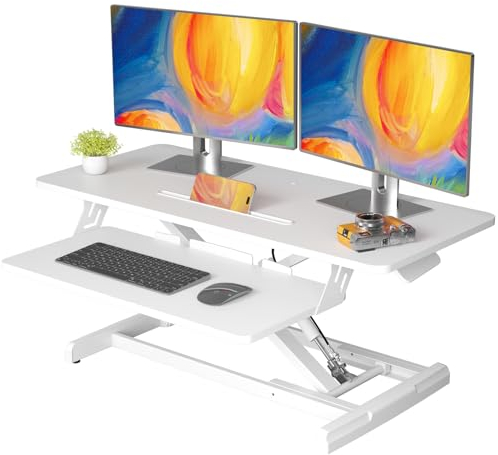 JOY worker Convertidor de escritorio de pie, altura ajustable de 35 pulgadas de ancho con bandeja para teclado, elevador de estación de trabajo de escritorio para computadora portátil de oficina en