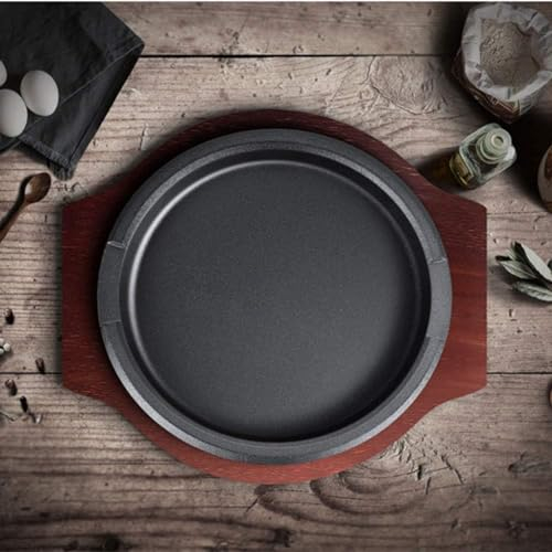 HPTHLY Fuente Sartén para bistec de Hierro Fundido Plato para Servir Cocina World of Flavours Mini Fuente para Servir de Hierro Fundido con Tabla de Servir de Madera