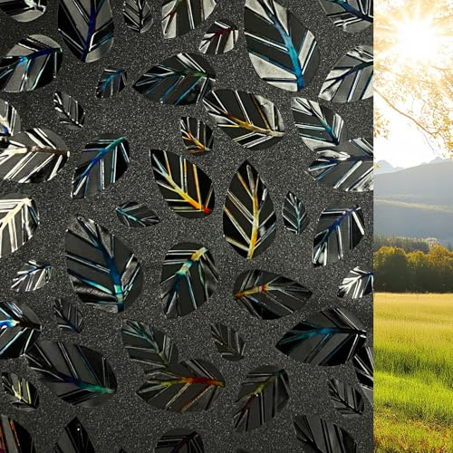 Qualsen Pellicola Oscurante Vetri Finestre 3D Nera Motivi a Foglie 30x200cm, Pellicola Privacy Finestre Effetto Arcobaleno Decorativi Opaca Non Adesiva Anti-UV Pellicole per Vetri Finestra per Casa