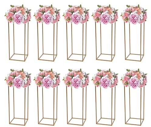 Bokknppo 10 Pcs Gold Wedding Flower Stand Metal Geometric Table Centerpiece Flower Vase Column Stand Rectangular Flower Display Rack for Event Party Home Decor (Golden, 60cm)