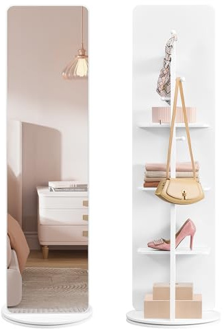 SONGMICS Ganzkörperspiegel, Standspiegel, 360° drehbarer Spiegel, 163 x 45 cm, mit Sockel, Ablagen und Haken, klares Hartglas, für Schlafzimmer, Wohnzimmer, wolkenweiß LFM036W01