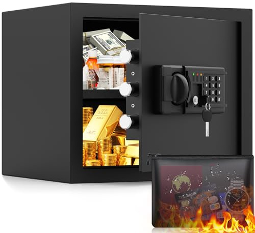 36L Feuerfester Tresor Für Zuhause Mit A4 Feuerfester Wasserdichter Tasche, Tresor Mit Schlüssel, Abnehmbare Ablage, Alarmanlage, Stummschaltmodus, Elektronischer Möbeltresor Für Gold Schmuck Dokument