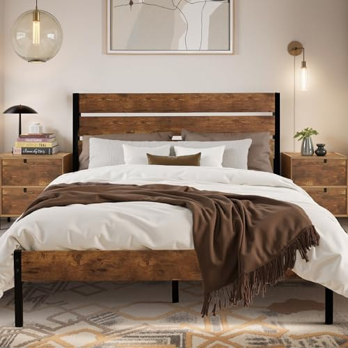 VECELO Cadre de Lit 140 x 190 cm avec Tête de Lit en Bois, Support à Lattes en Métal Solide, Rangement sous Le Lit, Assemblage Facile, Style Industriel, Brun