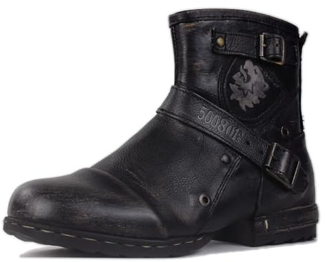 OSSTONE Hombres Botas de Motocicleta de Cuero Chukka Piel Zapatos Hombres Combate Militares OS-5008-1-BS,Vintage Negro,US10(EU44)