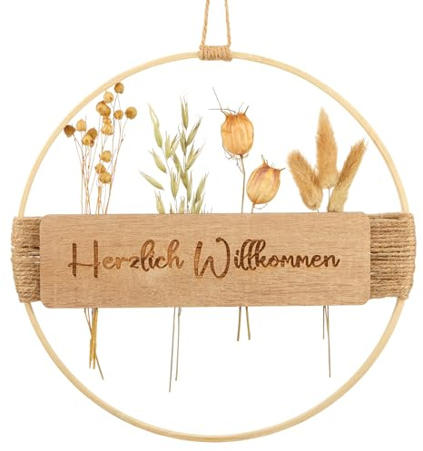 Xinnun Corona di Fiori Secchi da 25 cm Ghirlanda Porta Boho Fiori Secchi Cartello per Porta Toni Decorazione Appesa per la Decorazione della Finestra della Parete(Elegante)