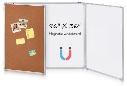 Mooliwe 96x36 Tri-fold Cork Board Whiteboard Combo, Foldable Combination Magnetic Dry Erase Bulletin Board & Corkboard with Aluminum Frame Wall Mounted for Home, Office and School(Wood)