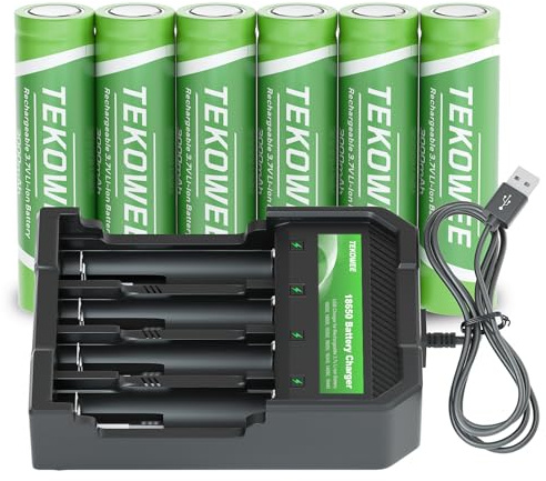 6pcs 3.7V Rechargeable Battery Flat Top W￵i￵th Battery Charger, Universal Smart Charger for 3.7V Batteries (6pcs Flat Top Batter￵y+Charger)