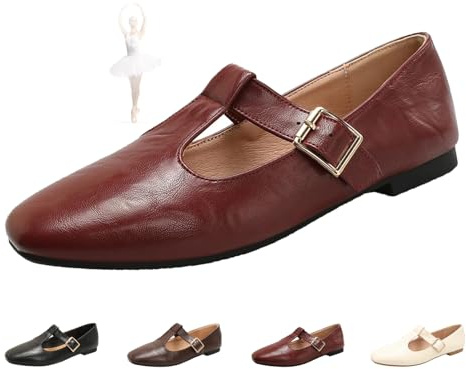 Mary Jane - Ballerine classiche da donna, con cinturino a T, comode, in poliuretano, a punta, da lavoro, eleganti, Borgogna, 0 UK