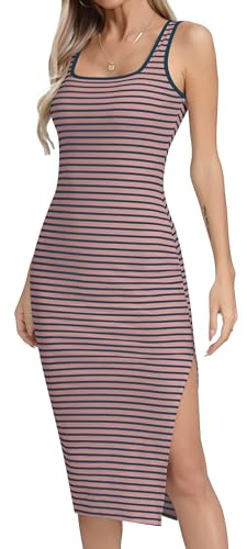 Missufe dam sommarklänning midiklänning bodycon med slits, snäva ränder, pennklänning