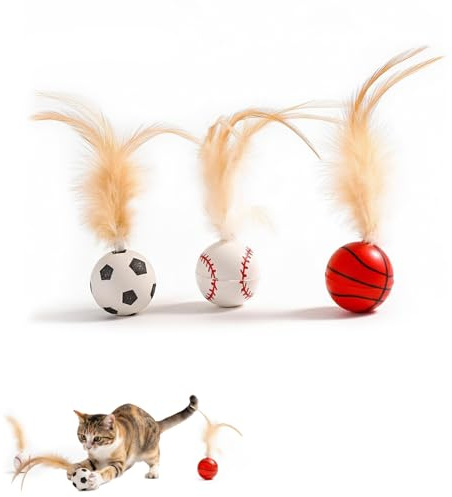 VYNZOR Lot de 3 Jouets Interactifs pour Chats, Balles Rebondissantes avec Plumes, Jouet Chat Plume à Queue Rebondissante, Balle Chat pour Chats d'Intérieur et Chats Adultes
