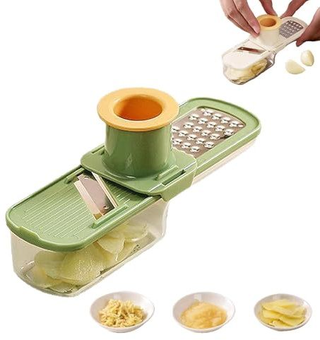 3-in-1 Multifunctional Garlic Grinder– Stainless Steel Slicer/Shredder/Grinder with Hand Guard, Transparent Container & Blade Storage,Safe Food Slicer, Easy to Use & Clean