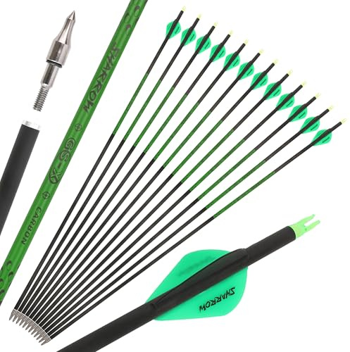 Poearcus Flecha de Carbono Puro de 30 Pulgadas para Tiro con Arco Compuesto y Arco recurvo, con Spine de 300-800 (Verde, 400 Spine)