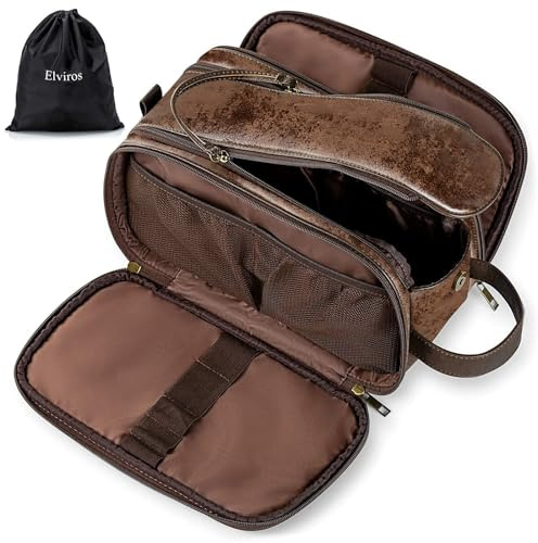 Elviros Trousse de Toilette pour Homme, Grande Capacité, Trousse de Maquillage avec Imperméable PU, avec Sac Étanche, 30,5 x 16.5 x 17.5 cm, Brun Chocolat