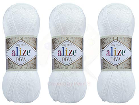 Alize Diva Yarn Hilo para tejer a mano 100% microfibra hilo acrílico Alize Diva efecto seda hilo ganchillo arte encaje artesanía lote de 3 madejas 400 gr 1314 yardas color (55 - blanco)