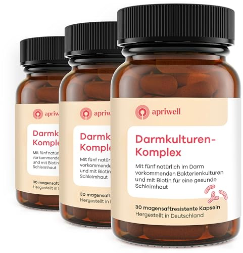 Apriwell Darmkulturen-Komplex - Fructosefrei - 5 Milchsäurebakterien & Bifidobakterien - Mit Biotin für die Schleimhaut - magensaftresistent - ohne Inulin - 90 vegane Kapseln