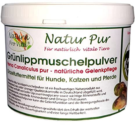 Grünlippmuschelpulver Katze Naturprodukt Top Qualität gut für Knochen Sehnen Gelenke Haut Fell unterstützt Skelettentwickung und Bewegungsfreude Natura Pro Vita reines Grünlippmuschelpulver 250g Dose