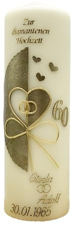 Hochzeitskerze DH-29 Diamantene Hochzeit inkl. Namen und Datum in ver. Farben