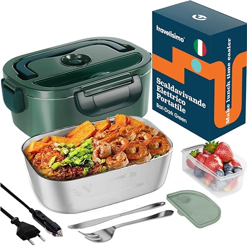 TRAVELISIMO Gamelle Chauffante 80W Lunch Box Chauffante 1,5L Chauffe Plat Voiture 3 en 1 220V 24V 12V, Gamelle Chauffante Allume Cigare, Acier Inoxydable, Boite Chauffante Repas pour Voyage et Bureau