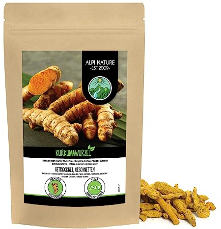 Alpi Nature Curcuma Racine Coupée 250g, Morceaux de Racine de Curcuma Séchés et Coupés, Thé en Vrac
