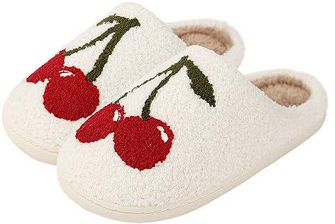 bolukets Fluffy Slippers for Women and Men Warm Plush Cartoon Fuzzy Cushion Slides House Slippers for Indoor and Outdoor Cherry 39-40