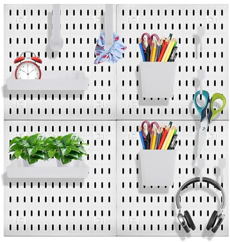 LDXDRU 60 x 60 cm, kit combinato con pannello forato, organizer da parete con accessori, tavola in plastica bianca per garage, cucina e casa, 4 pannelli da 30 x 30 cm