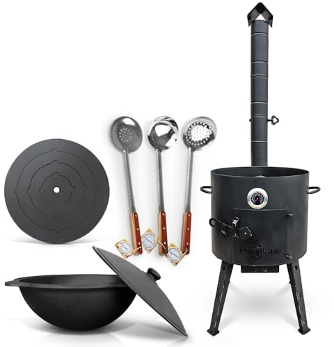 Utschak Uchag - Horno de fuego de 40 cm de diámetro, 2 mm, acero, 4 mm, Kazan, 12 L, base redonda con termómetro, cucharón para espumas Plov, Учак Учаг Uchag Asia (Set 508)