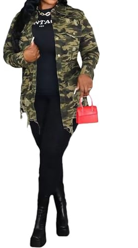 Lymeral Women's Camo Button Boyfriend Jackets with Pockets Distressed Army Fatigue Casual Long Sleeve Ripped Coat Outerwear