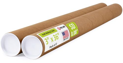 3 x 36 Reinforced Kraft Paper Mailing Tubes, Pack of 2 Tubes with 2 Caps Each – USPS Approved Poster Tube – Made in USA Cardboard Tube for Shipping and Storing Posters, Prints, Artwork, or Documents