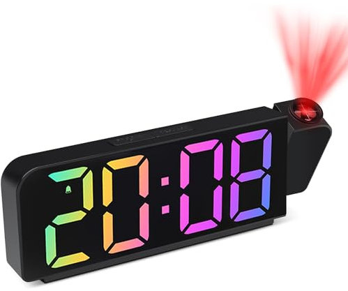 Tisaika Digital Alarm Clock Bedside Projection 7.9'' LED Alarm Clocks with Colorful Digit 180° Rotatable Projector Adjustable Brightness Temperature Date Snooze Night Mode Time Memory for Bedroom Home