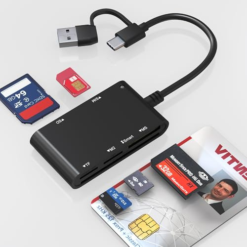 USB C/A SIM Card Adapter Smart Card Reader - 7 in 2 CAC Reader Military & MS Pro Duo/SD/TF/M2/ID/IC/PIV/SIM Card Reader, Memory Stick Pro Duo Adapter CAC Card Reader USB C for Windows, Linux, MacOS