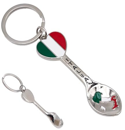 Porte-clés cuillère de 12 cm avec cœur tricolore et inscription italienne - Souvenir avec décapsuleur intégré - Accessoire décoratif en métal pour les voyageurs et les amoureux du beau pays