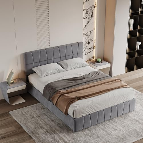 BRILVERDE Lit Double 160x200 cm avec 4 tiroirs, lit Adulte avec sommier à Lattes, lit tapissé avec rangements, tête de lit réglable en Hauteur, Velours Gris