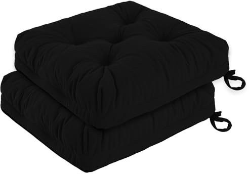 PRIMEPATIO Dining Chair Cushions Set Of 2, 40x40cm, 8cm Thick, Black | Tufted Overstuffed Foam Seat Pads With Ties and Non Slip Design For Kitchen, Garden and Dining Chairs