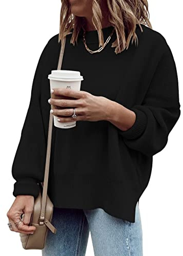 Saodimallsu Jersey de manga larga para mujer, cuello redondo acanalado, abertura lateral, suéter de punto para otoño e invierno, Negro , M