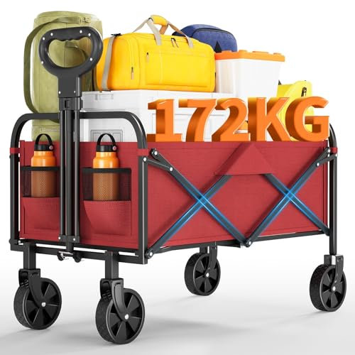 Chariot de plage pliable XL - Charge maximale : 172 kg - Chariot à main pliable avec roues pivotantes à 360° pour tous les terrains - Idéal pour le camping, le pique-nique, le shopping, le jardin et