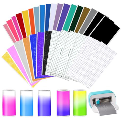 Smart vinyl permanent för Cricut Joy, 36 stycken 14 x 30,5 cm, plotterfolie vinyl, självhäftande, 28 färger, vinylfoliesats med överföringsfolie, plotter, gradient vinyl, glitter, vinyl för