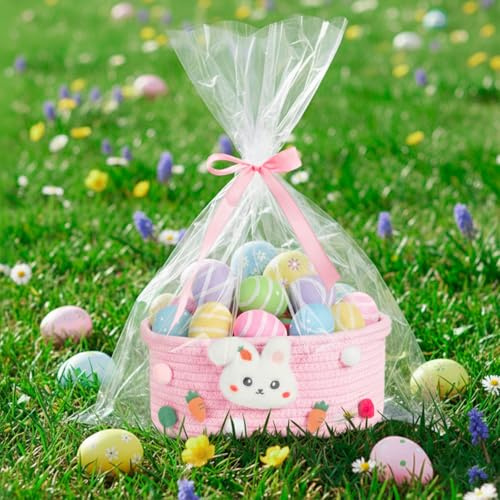 powerking Cesta de Pascua tejida pequeña con bolsas de regalo y cintas, bonita cesta de conejo para decoración del hogar, estante de cuerda de algodón, organizador con asas (rosa)
