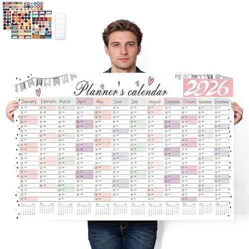 hankousi 1 calendario da parete DIN A1 per il 2026, programma annuale di 14 mesi con calendario del pianificatore, testo in carta kraft bianca, da appendere, per ufficio, casa e regali aziendali