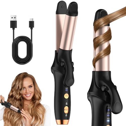 UIOF Curling Tongs,Cordless Rechargeable Curling Tongs,Cordless Hair Curler(3 Gear),Travel Mini Flat Iron 4000 mAh,Battery Straightener and Curler 2 in 1 for Long Short Hair(Rose Gold & Black)