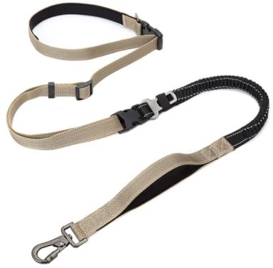 Hellery Laisse Mains Libres Réglable Laisse Bandoulière Réfléchissante pour Propriétaires Chiens, Joggeurs, Kaki, Largeur 2.5cm, Longueur 145-240cm