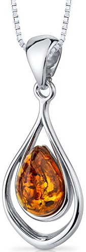 PEORA Genuine Baltic Amber Pendant Necklace for Women 925 Sterling Silver, Open Teardrop Pear Shape, Rich Cognac Color, with 18 inch Chain, Real Baltic Amber Necklace for Adults, w/Jewelry Box