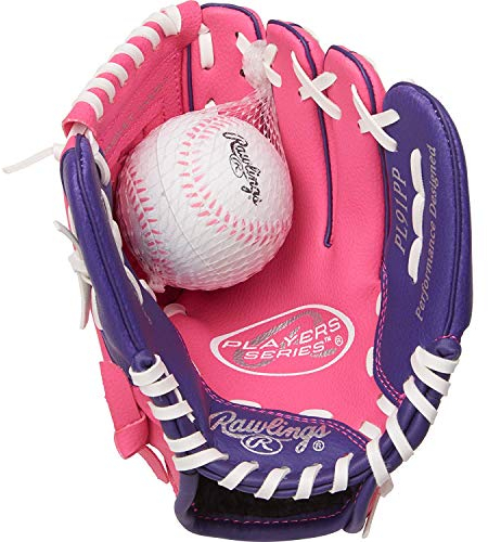 Rawlings Players Series T-Ball & Youth Baseball-Handschuh, Rechtshänder, 22,9 cm, Rosa/Lila mit Ball